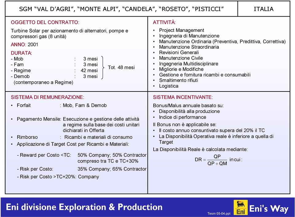 48 mesi - Demob : 3 mesi (contemporaneo a Regime) SISTEMA DI REMUNERAZIONE: Forfait : Mob, Fam & Demob Pagamento Mensile: Esecuzione e gestione delle attività a regime sulla base dei costi unitari