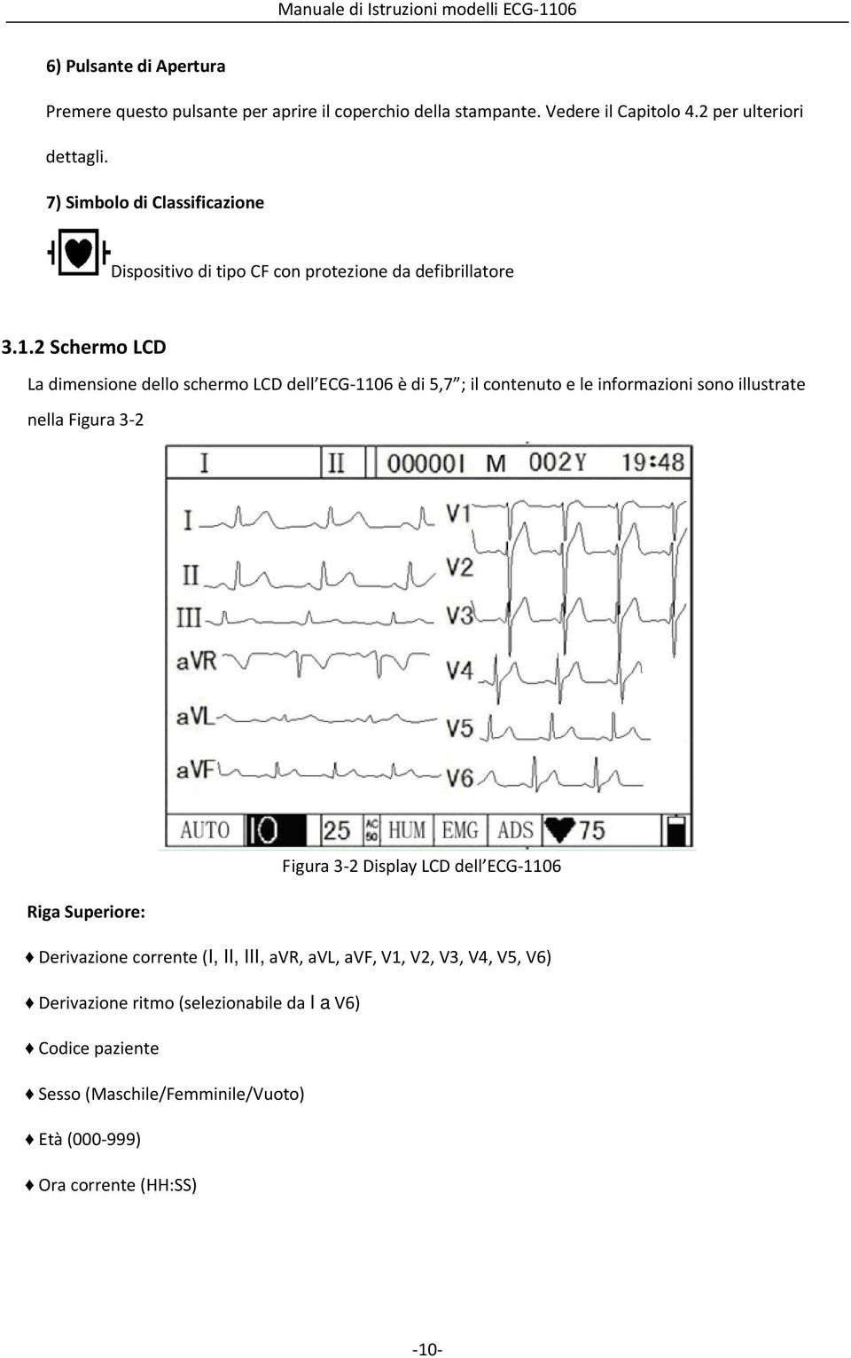 2 Schermo LCD La dimensione dello schermo LCD dell ECG-1106 è di 5,7 ; il contenuto e le informazioni sono illustrate nella Figura 3-2 Figura 3-2 Display