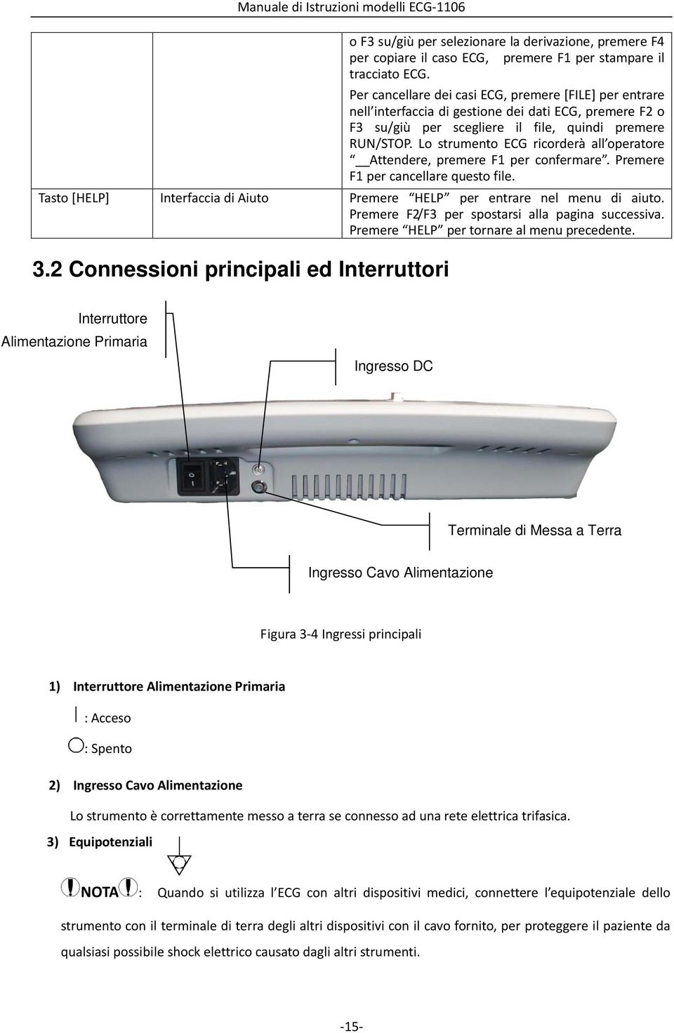 Lo strumento ECG ricorderà all operatore Attendere, premere F1 per confermare. Premere F1 per cancellare questo file. Tasto [HELP] Interfaccia di Aiuto Premere HELP per entrare nel menu di aiuto.