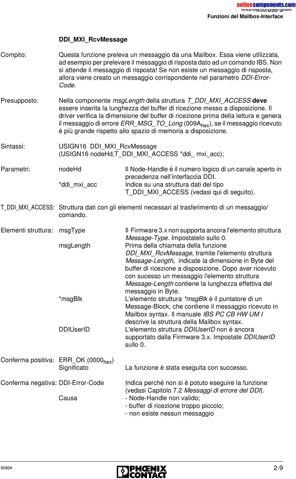 Presupposto: Sintassi: Nella componente msglength della struttura T_DDI_MXI_ACCESS deve essere inserita la lunghezza del buffer di ricezione messo a disposizione.