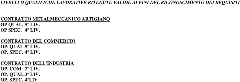 5 LIV. OP SPEC. 4 LIV. CONTRATTO DEL COMMERCIO OP. QUAL. 5 LIV. OP. SPEC. 4 LIV. CONTRATTO DELL INDUSTRIA OP.