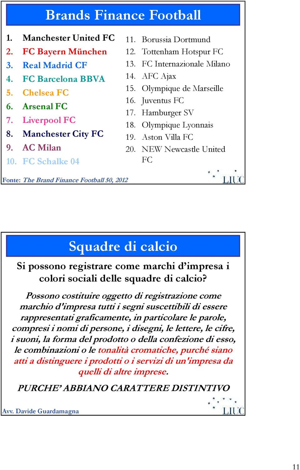 Aston Villa FC 20. NEW Newcastle United FC Fonte: The Brand Finance Football 50, 2012 Squadre di calcio Si possono registrare come marchi d impresa i colori sociali delle squadre di calcio?