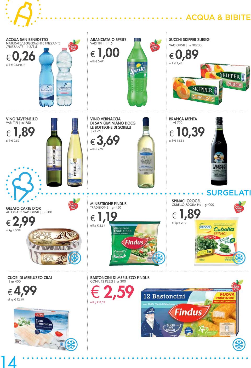 al lt 4,92 BRANCA MENTA ml 700 10,39 al lt 14,84 GELATO CARTE D OR AFFOGATO VARI GUSTI gr 500 2,99 al kg 5,98 MINESTRONE FINDUS TRADIZIONE gr 450 1,19 al kg 2,64 SPINACI