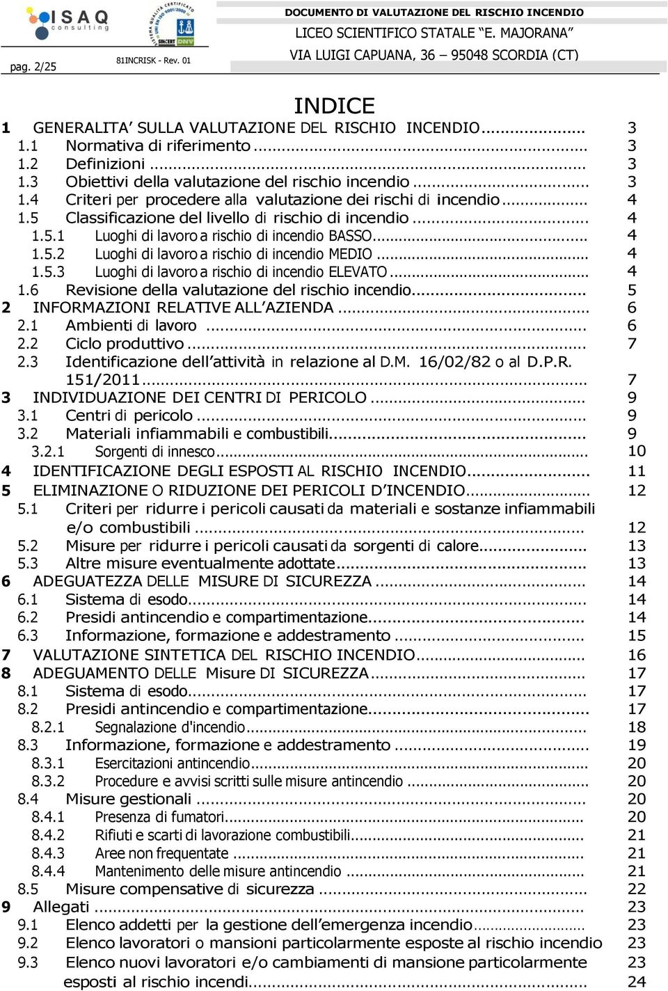 .. 4 1.6 Revisione della valutazione del rischio incendio... 5 2 INFORMAZIONI RELATIVE ALL AZIENDA... 6 2.1 Ambienti di lavoro... 6 2.2 Ciclo produttivo... 7 2.