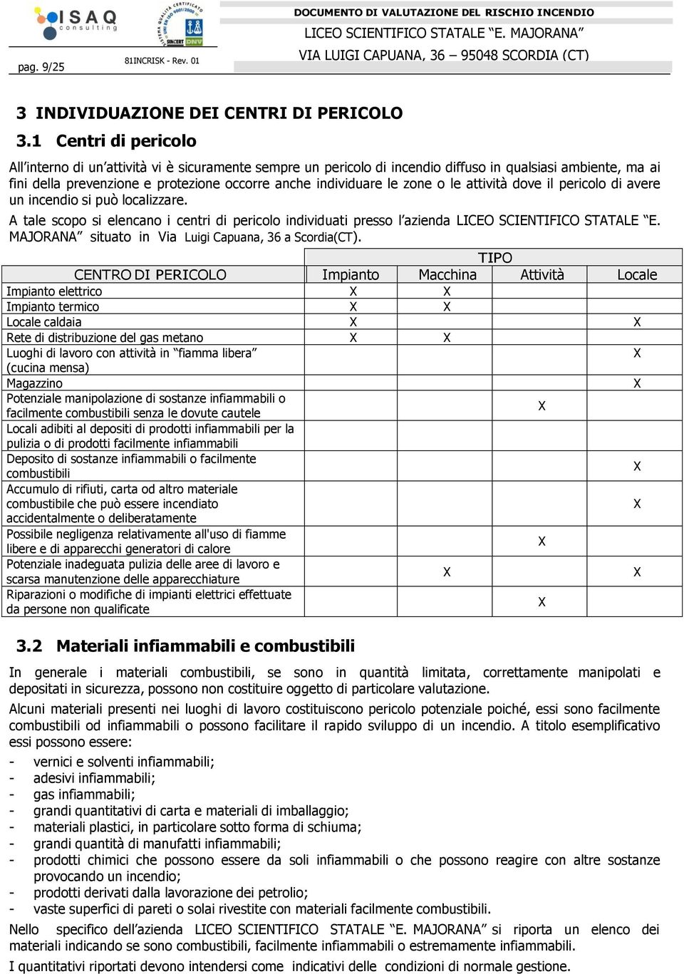 zone o le attività dove il pericolo di avere un incendio si può localizzare. A tale scopo si elencano i centri di pericolo individuati presso l azienda LICEO SCIENTIFICO STATALE E.