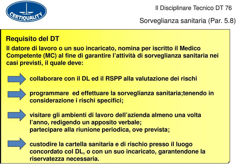 casi previsti, il quale deve: collaborare con il DL ed il RSPP alla valutazione dei rischi programmare ed effettuare la sorveglianza sanitaria;tenendo in considerazione i