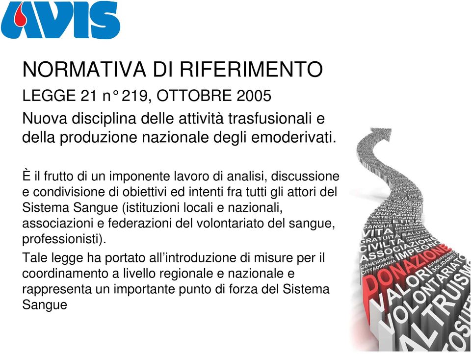 È il frutto di un imponente lavoro di analisi, discussione e condivisione di obiettivi ed intenti fra tutti gli attori del Sistema Sangue