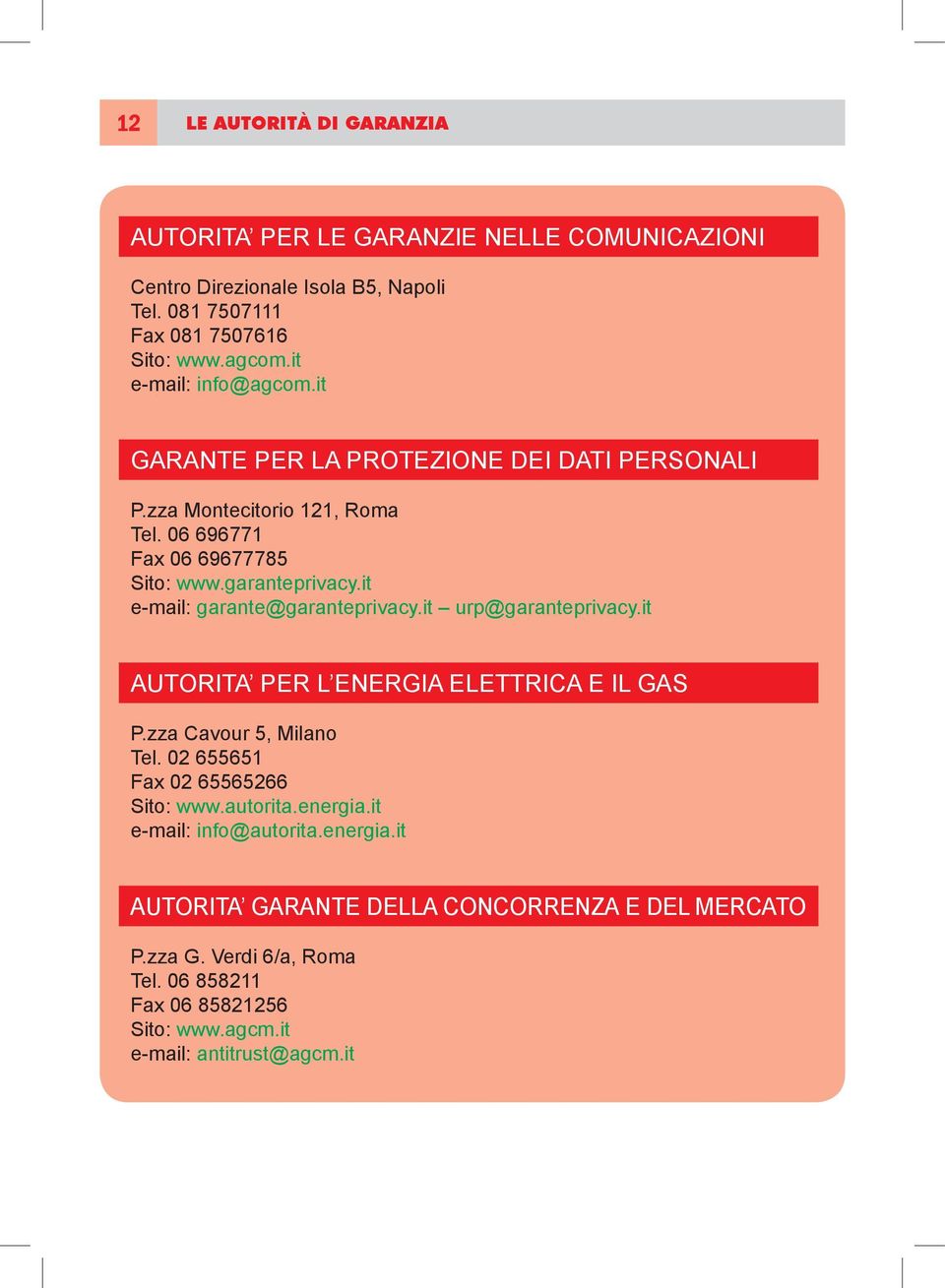 it e-mail: garante@garanteprivacy.it urp@garanteprivacy.it AUTORITA PER L ENERGIA ELETTRICA E IL GAS P.zza Cavour 5, Milano Tel. 02 655651 Fax 02 65565266 Sito: www.