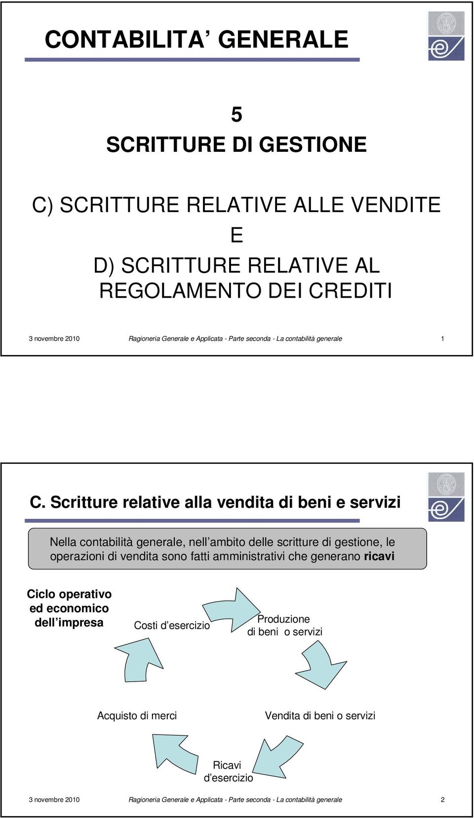 Scritture relative alla vendita di beni e servizi Nella contabilità generale, nell ambito delle scritture di gestione, le operazioni di vendita sono fatti