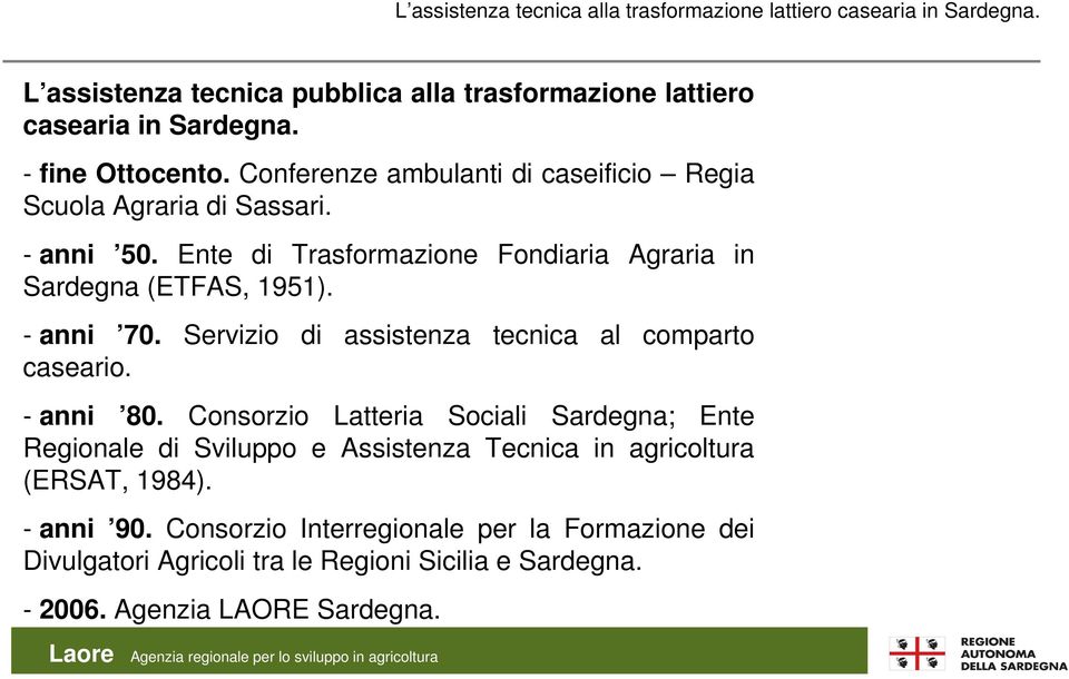 - anni 70. Servizio di assistenza tecnica al comparto caseario. - anni 80.
