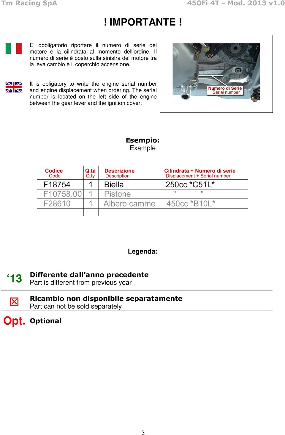 It is obligatory to write the engine serial number and engine displacement when ordering.