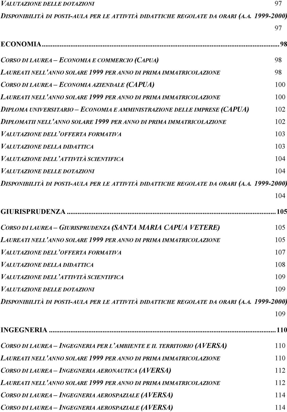 PER ANNO DI PRIMA IMMATRICOLAZIONE 100 DIPLOMA UNIVERSITARIO ECONOMIA E AMMINISTRAZIONE DELLE IMPRESE (CAPUA) 102 DIPLOMATII NELL'ANNO SOLARE 1999 PER ANNO DI PRIMA IMMATRICOLAZIONE 102 VALUTAZIONE