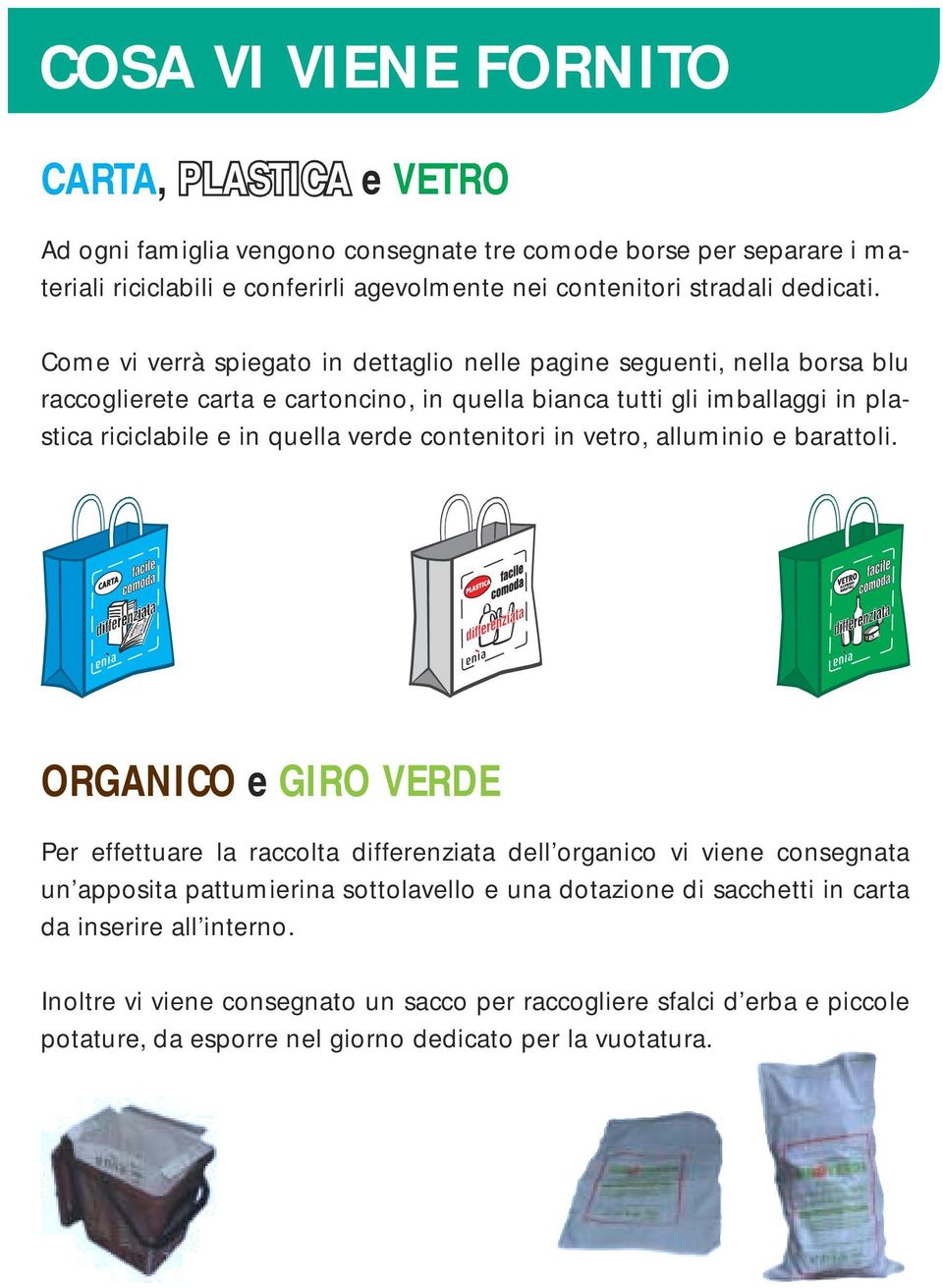 Come vi verrà spiegato in dettaglio nelle pagine seguenti, nella borsa blu raccoglierete carta e cartoncino, in quella bianca tutti gli imballaggi in plastica riciclabile e in quella verde