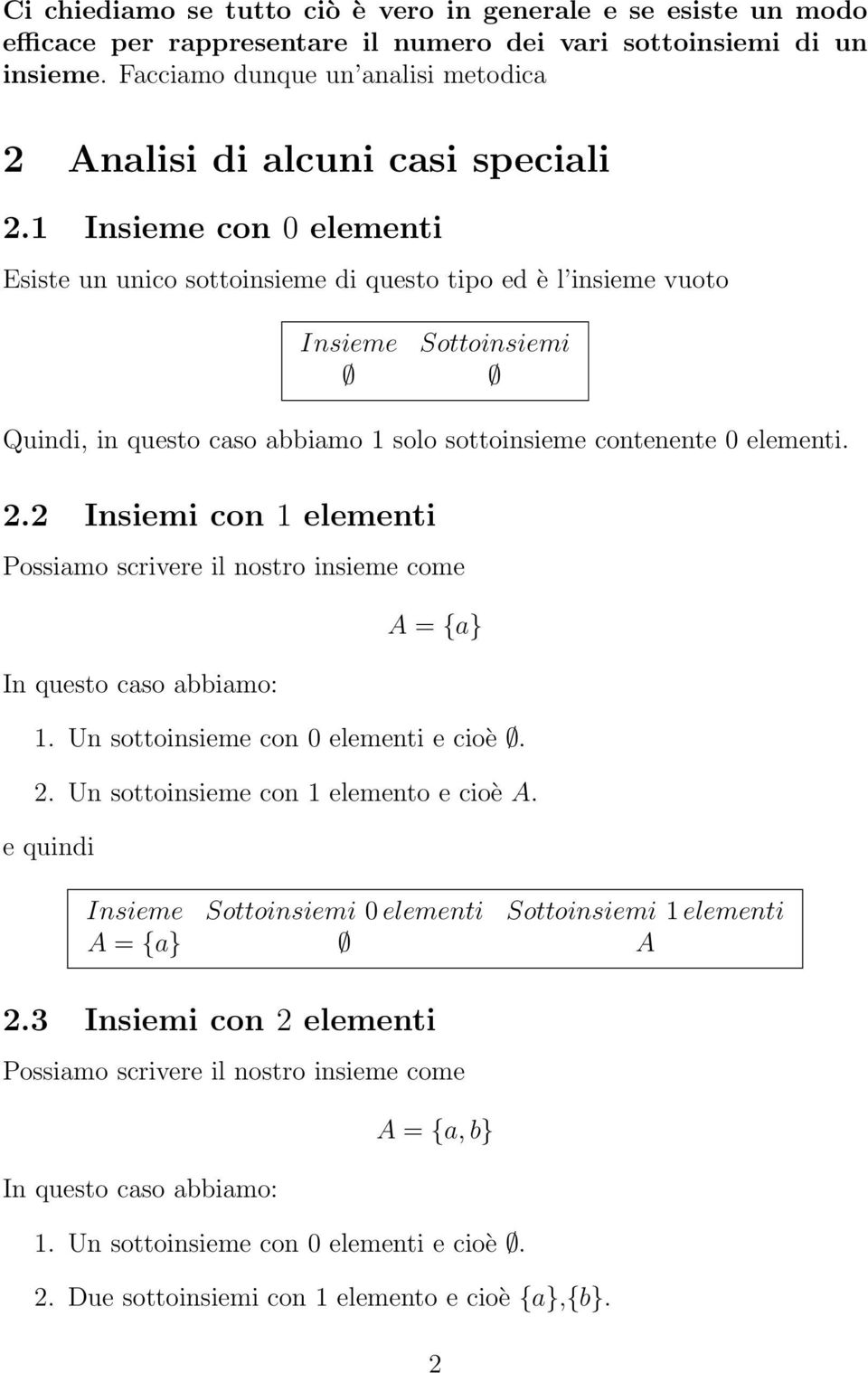 Insieme con 0 elementi Esiste un unico sottoinsieme di questo tipo ed è l insieme vuoto Insieme Sottoinsiemi Quindi, in questo caso abbiamo solo sottoinsieme contenente 0 elementi. 2.