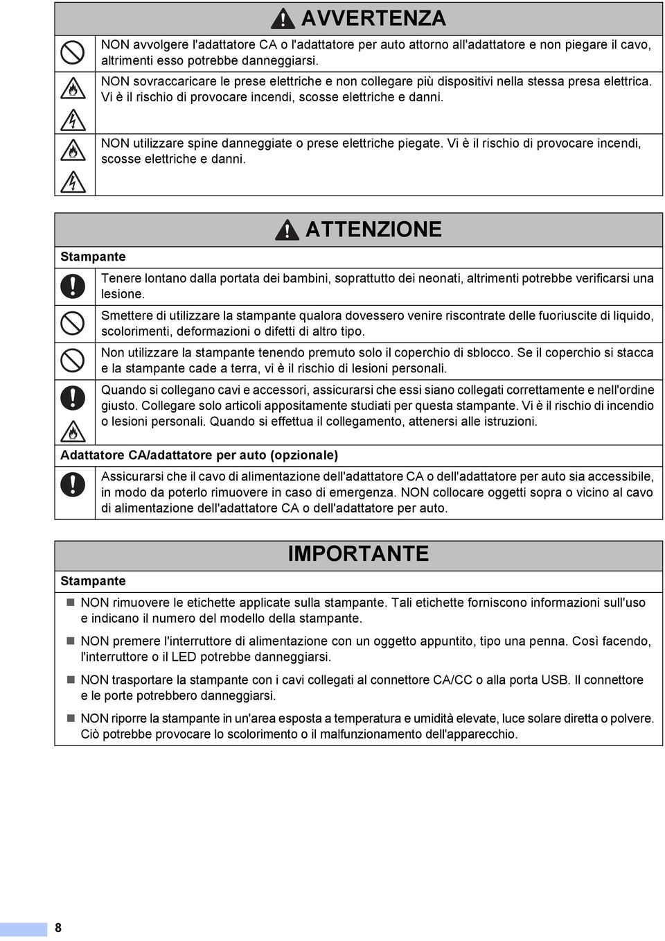 NON utilizzare spine danneggiate o prese elettriche piegate. Vi è il rischio di provocare incendi, scosse elettriche e danni.