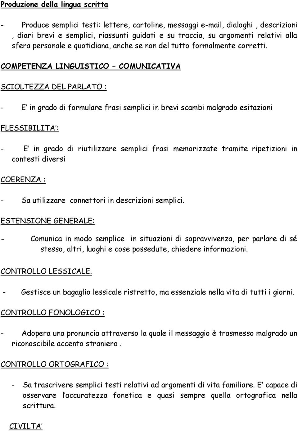 COMPETENZA LINGUISTICO COMUNICATIVA SCIOLTEZZA DEL PARLATO : - E in grado di formulare frasi semplici in brevi scambi malgrado esitazioni FLESSIBILITA : - E in grado di riutilizzare semplici frasi