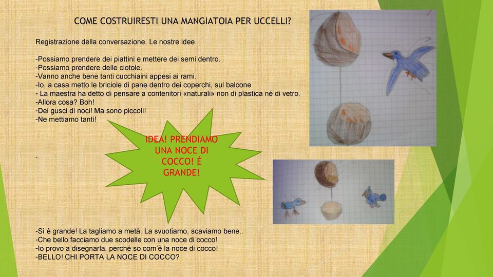 -Io, a casa metto le briciole di pane dentro dei coperchi, sul balcone - La maestra ha detto di pensare a contenitori «naturali» non di plastica né di vetro. -Allora cosa? Boh!