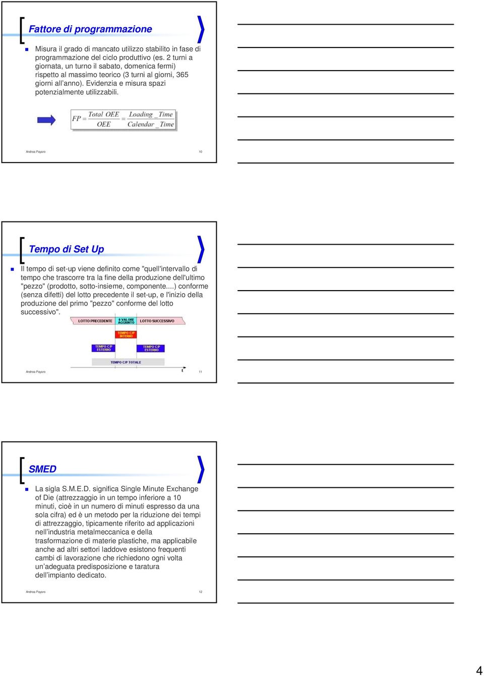 Andrea Payaro 10 Tempo di Set Up Il tempo di set-up viene definito come "quell'intervallo di tempo che trascorre tra la fine della produzione dell'ultimo "pezzo" (prodotto, sotto-insieme, componente.