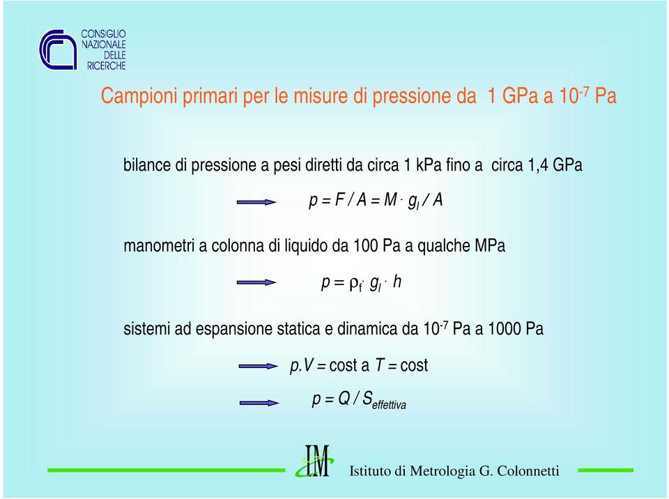 g l / A manometri a colonna di liquido da 100 Pa a qualche MPa p = f. g.