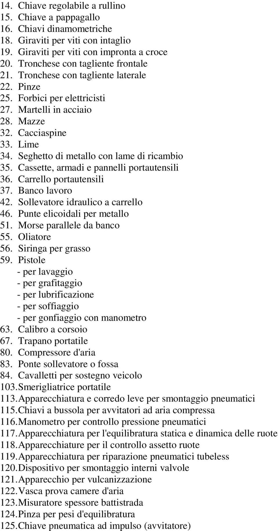 Cassette, armadi e pannelli portautensili 36. Carrello portautensili 37. Banco lavoro 42. Sollevatore idraulico a carrello 46. Punte elicoidali per metallo 51. Morse parallele da banco 55.