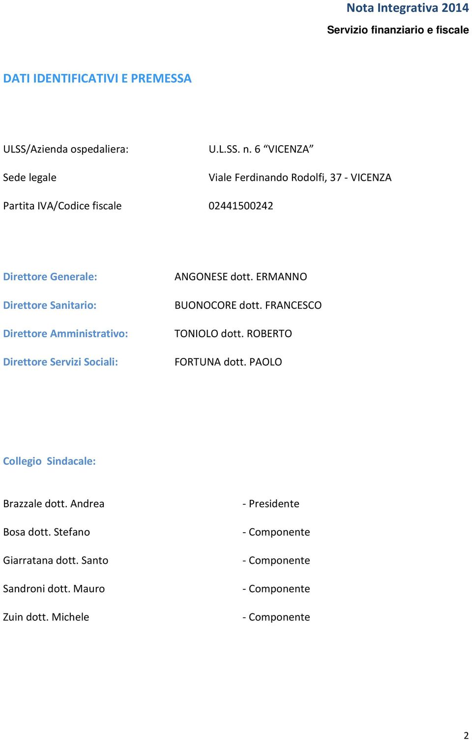 Direttore Amministrativo: Direttore Servizi Sociali: ANGONESE dott. ERMAN BUOCORE dott. FRANCESCO TONIOLO dott. ROBERTO FORTUNA dott.