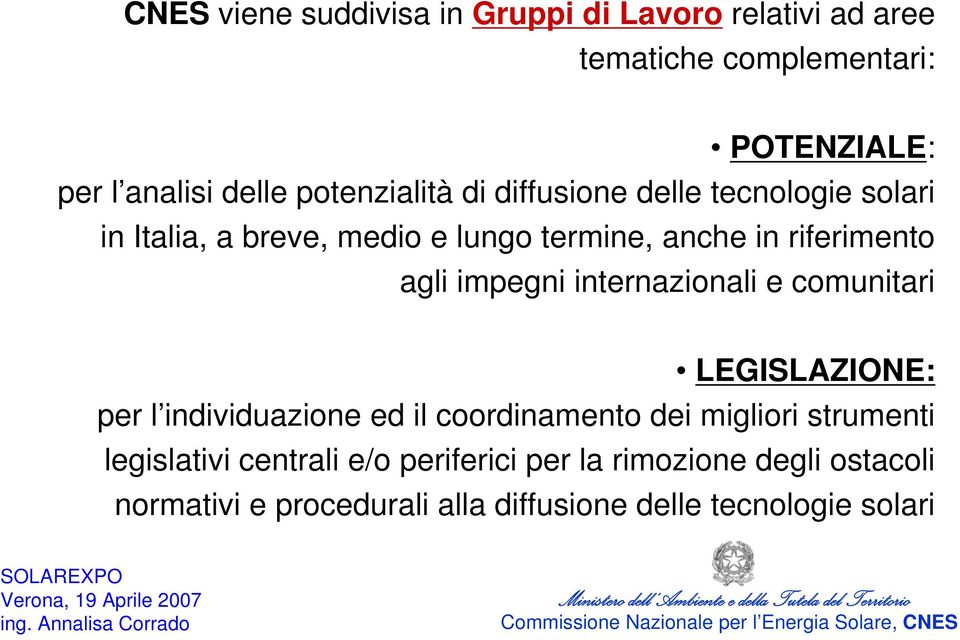 impegni internazionali e comunitari LEGISLAZIONE: per l individuazione ed il coordinamento dei migliori strumenti