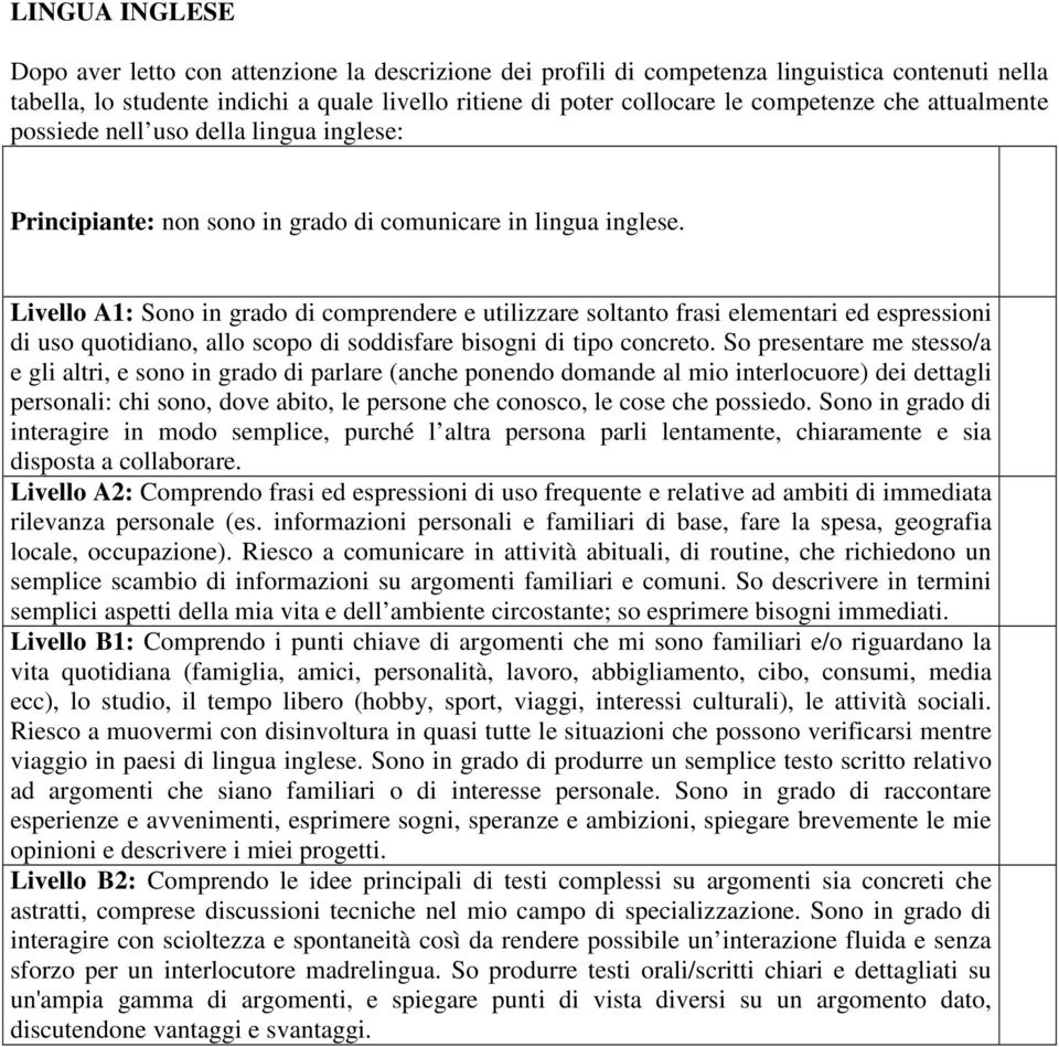 Livello A1: Sono in grado di comprendere e utilizzare soltanto frasi elementari ed espressioni di uso quotidiano, allo scopo di soddisfare bisogni di tipo concreto.