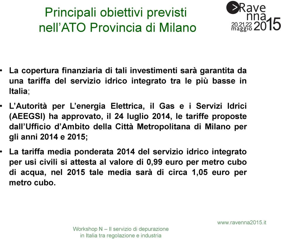 le tariffe proposte dall Ufficio d Ambito della Città Metropolitana di Milano per gli anni 2014 e 2015; La tariffa media ponderata 2014 del servizio