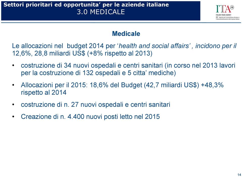 la costruzione di 132 ospedali e 5 citta mediche) Allocazioni per il 2015: 18,6% del Budget (42,7 miliardi US$)