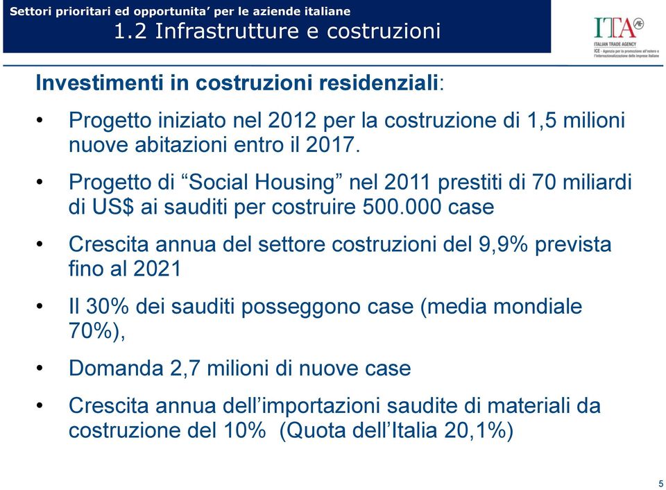 Progetto di Social Housing nel 2011 prestiti di 70 miliardi di US$ ai sauditi per costruire 500.