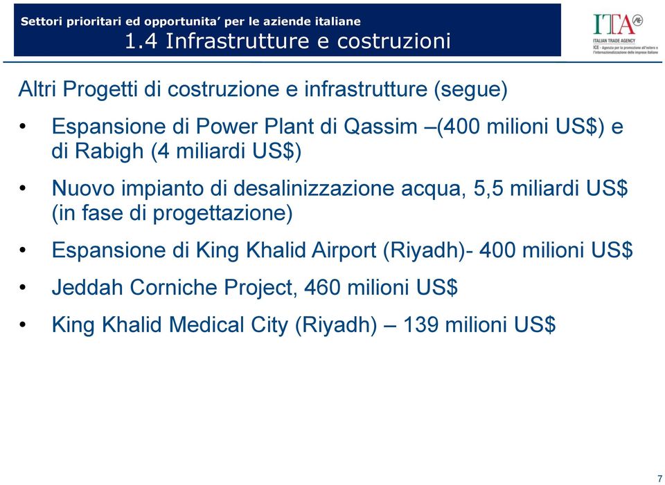 desalinizzazione acqua, 5,5 miliardi US$ (in fase di progettazione) Espansione di King Khalid Airport