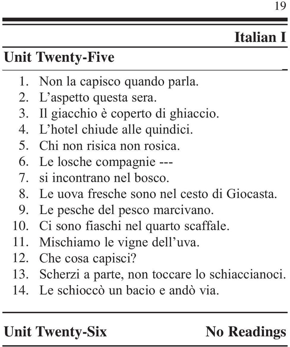 Le uova fresche sono nel cesto di Giocasta. Le pesche del pesco marcivano. Ci sono fiaschi nel quarto scaffale.