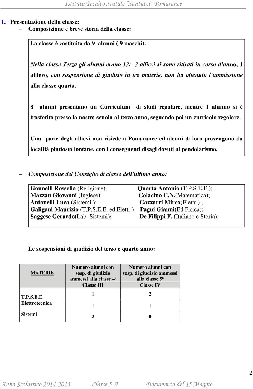 8 alunni presentano un Curriculum di studi regolare, mentre 1 alunno si è trasferito presso la nostra scuola al terzo anno, seguendo poi un curricolo regolare.