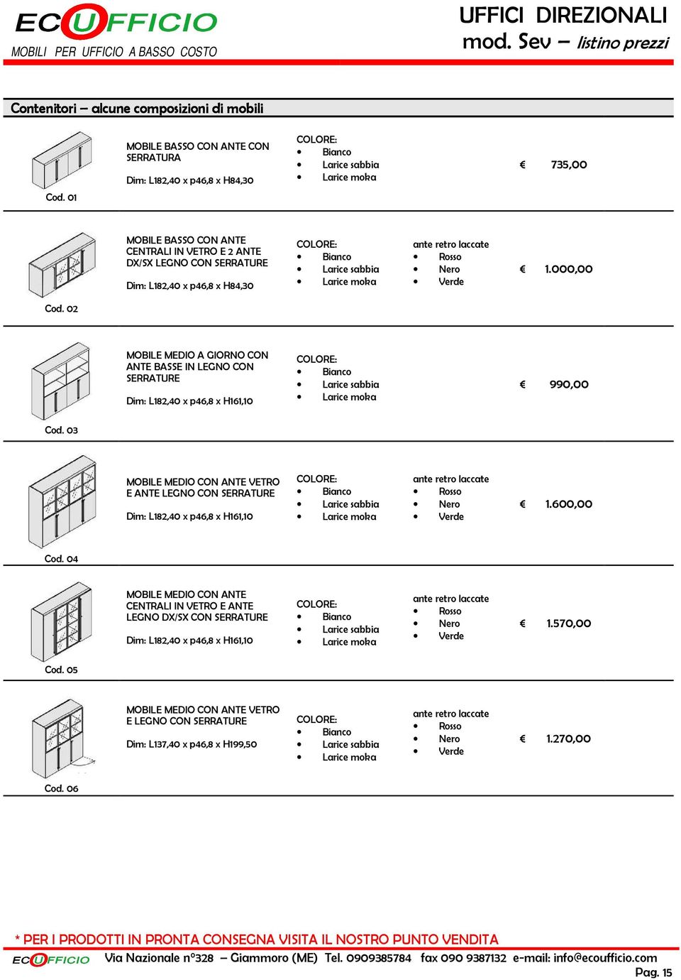 H84,30 1.000,00 Cod. 02 MOBILE MEDIO A GIORNO CON ANTE BASSE IN LEGNO CON SERRATURE Dim: L182,40 x p46,8 x H161,10 990,00 Cod.