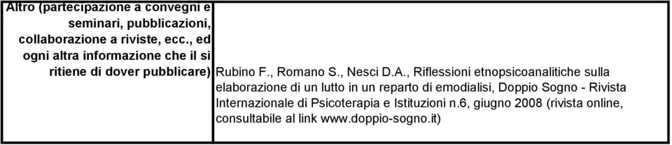 , Riflessioni etnopsicoanalitiche sulla elaborazione di un lutto in un reparto di emodialisi, Doppio Sogno