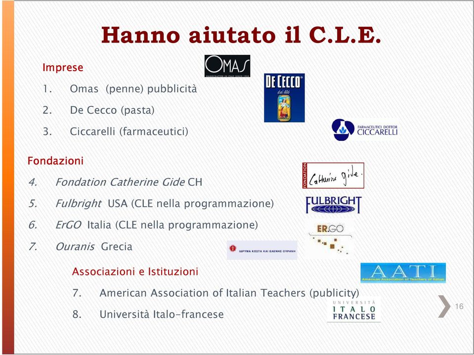 Fulbright USA(CLE nella programmazione) 6. ErGO Italia(CLE nella programmazione) 7.