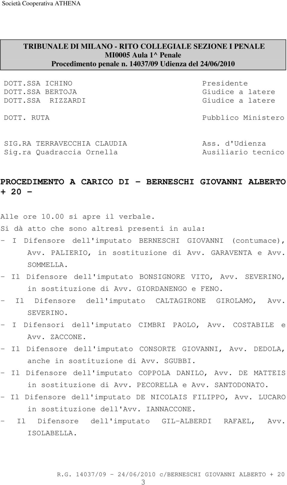 d'udienza Ausiliario tecnico PROCEDIMENTO A CARICO DI BERNESCHI GIOVANNI ALBERTO + 20 - Alle ore 10.00 si apre il verbale.