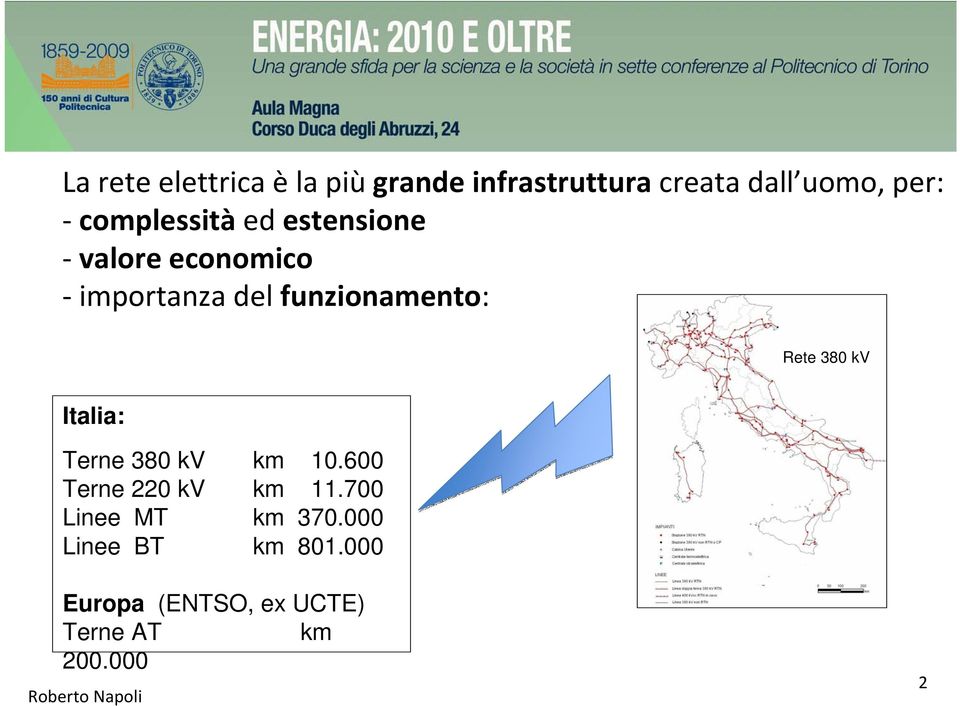 380 kv Italia: Terne 380 kv km 10.600 Terne 220 kv km 11.700 Linee MT km 370.