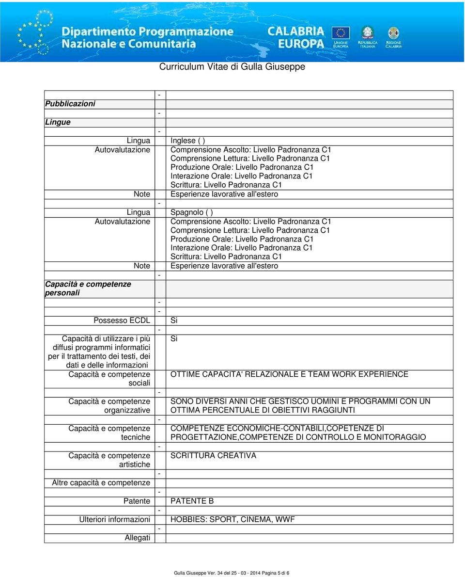 Comprensione Lettura: Livello Padronanza C1 Produzione Orale: Livello Padronanza C1 Interazione Orale: Livello Padronanza C1 Scrittura: Livello Padronanza C1 Note Esperienze lavorative all'estero