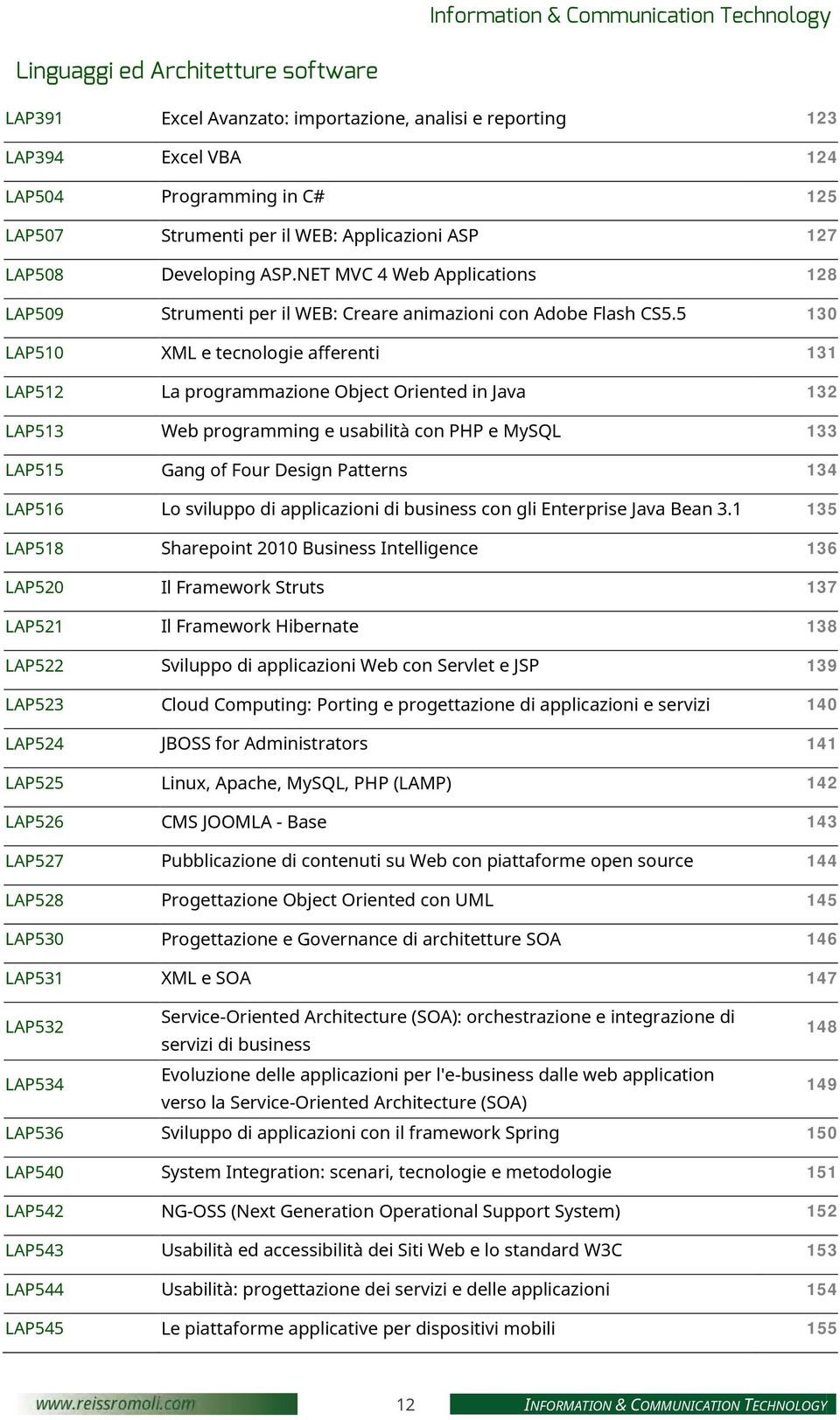 5 130 LAP510 XML e tecnologie afferenti 131 LAP512 La programmazione Object Oriented in Java 132 LAP513 Web programming e usabilità con PHP e MySQL 133 LAP515 Gang of Four Design Patterns 134 LAP516