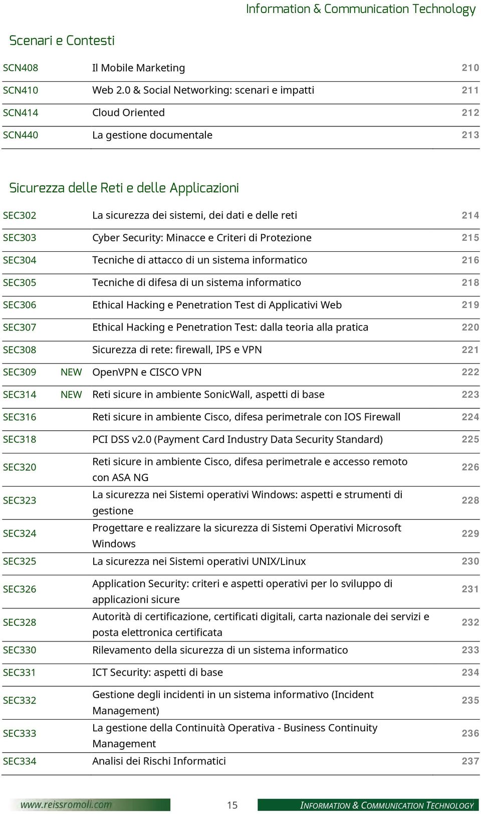 reti 214 SEC303 Cyber Security: Minacce e Criteri di Protezione 215 SEC304 Tecniche di attacco di un sistema informatico 216 SEC305 Tecniche di difesa di un sistema informatico 218 SEC306 Ethical