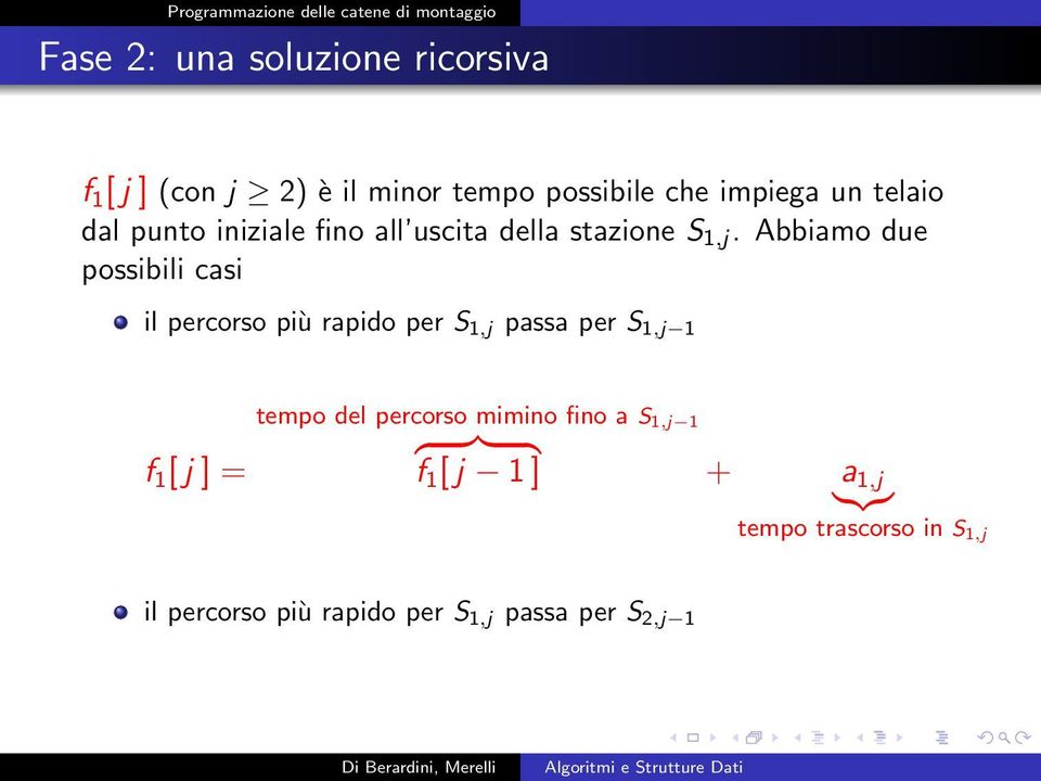 Abbiamo due possibili casi il percorso più rapido per S 1,j passa per S 1,j 1 f 1 [ j ] = tempo