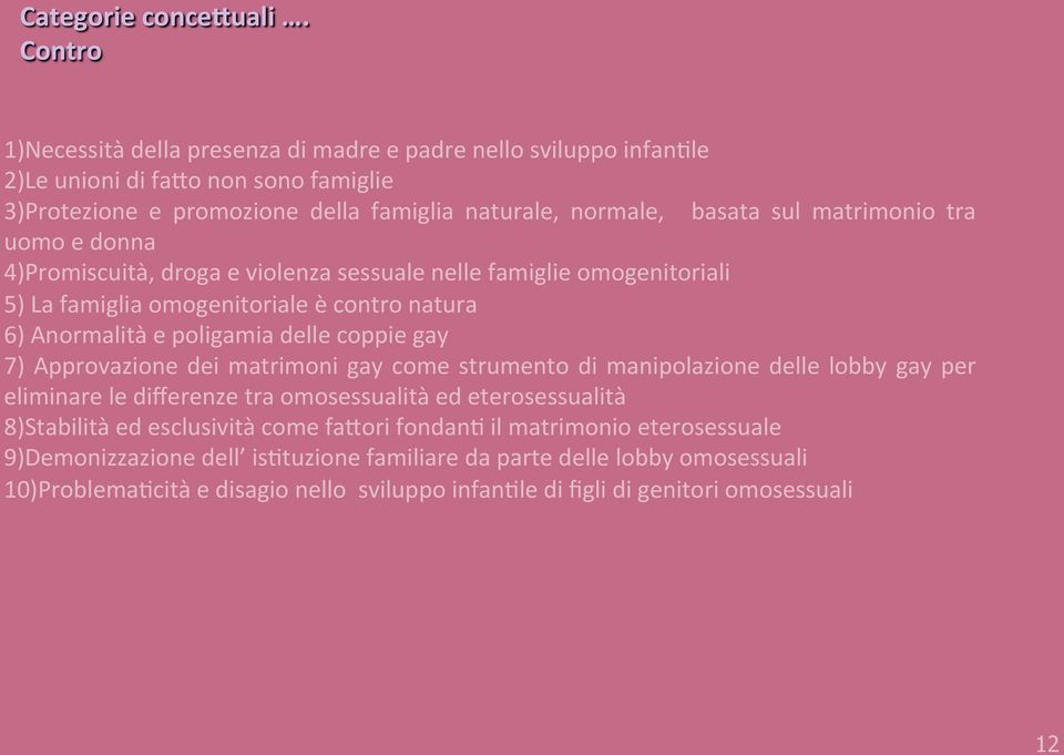 tra uomo e donna 4)Promiscuità, droga e violenza sessuale nelle famiglie omogenitoriali 5) La famiglia omogenitoriale è contro natura 6) Anormalità e poligamia delle coppie gay 7) Approvazione