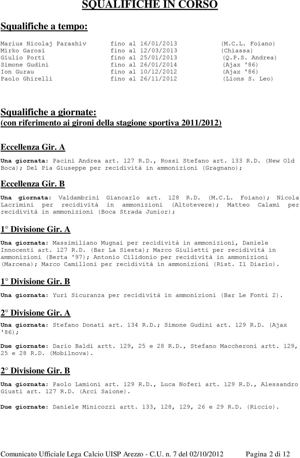 , Rossi Stefano art. 133 R.D. (New Old Boca); Del Pia Giuseppe per recidività in ammonizioni (Gragnano); Eccellenza Gir. B Una giornata: Valdambrini Giancarlo art. 128 R.D. (M.C.L.