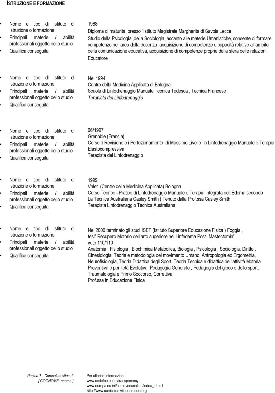 Educatore Nel 1994 Centro della Medicina Applicata di Bologna Scuola di Linfodrenaggio Manuale Tecnica Tedesca, Tecnica Francese Terapista del Linfodrenaggio 06/1997 Grenoble (Francia) Corso d