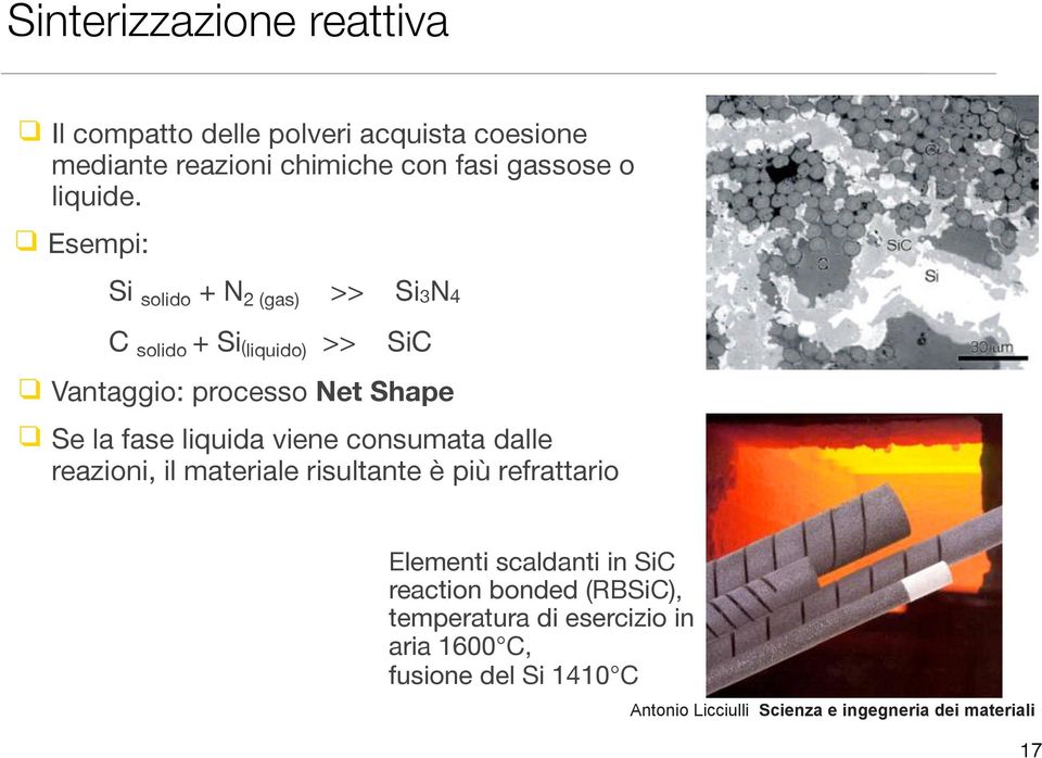 Esempi: Si solido + N 2 (gas) >> Si3N4 C solido + Si(liquido) >> SiC Vantaggio: processo Net Shape Se la