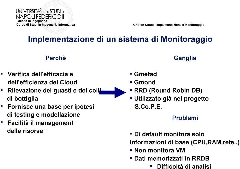 il management delle risorse Ganglia Gmetad Gmond RRD (Round Robin DB) Utilizzato già nel progetto S.Co.P.E.