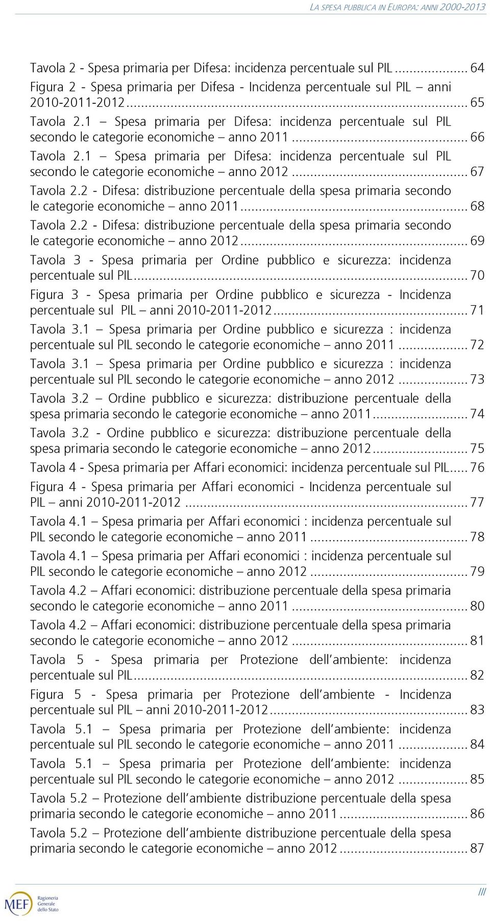 1 Spesa primaria per Difesa: incidenza percentuale sul PIL secondo le categorie economiche anno 2012... 67 Tavola 2.