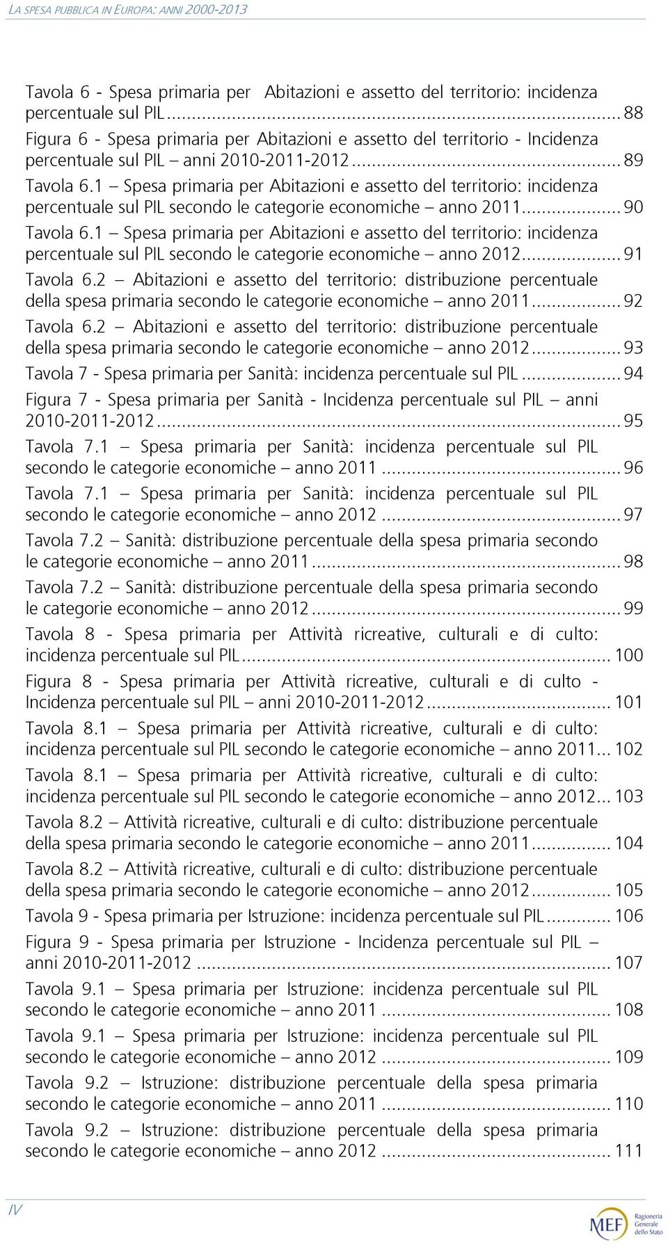 1 Spesa primaria per Abitazioni e assetto del territorio: incidenza percentuale sul PIL secondo le categorie economiche anno 2011... 90 Tavola 6.