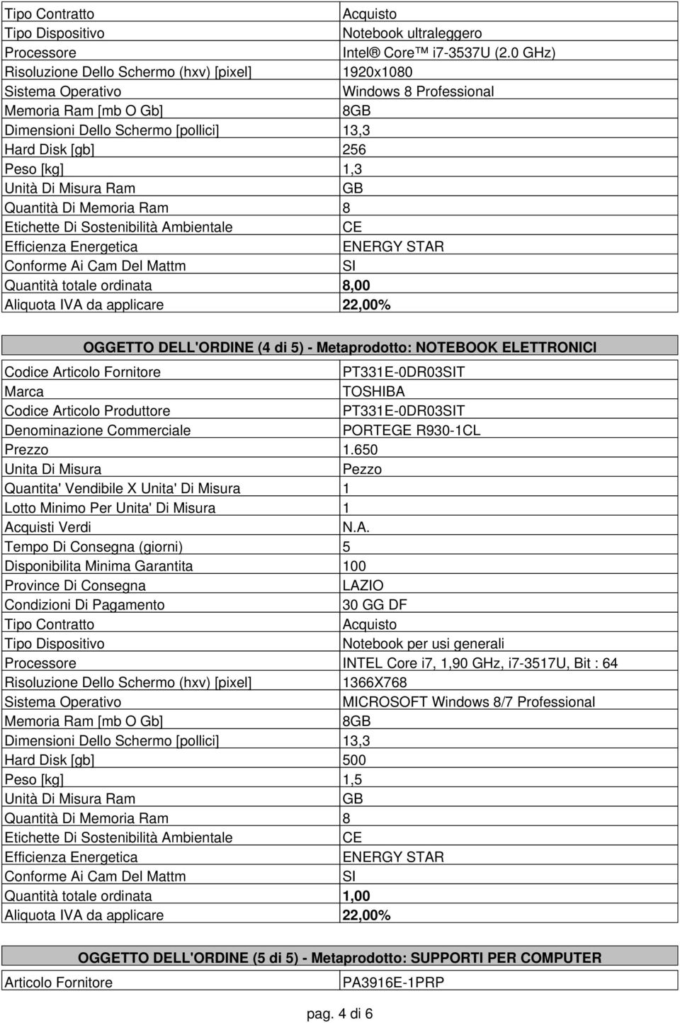 DELL'ORDINE (4 di 5) - Metaprodotto: NOTEBOOK ELETTRONICI PT331E-0DR03T TOSHIBA PT331E-0DR03T PORTEGE R930-1CL Prezzo 1.